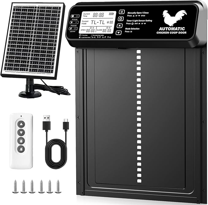 Automatic Chicken Coop Door Solar Powered with Timer/Light Sensor, Solar Chicken Coop Door Anti-Pinch, Aluminum Alloy Chicken Door | Larger Solar Panel | Higher Capacity Battery | 20M Remote Control