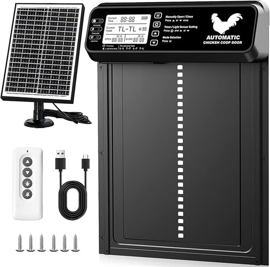 Automatic Chicken Coop Door Solar Powered with Timer/Light Sensor, Solar Chicken Coop Door Anti-Pinch, Aluminum Alloy Chicken Door | Larger Solar Panel | Higher Capacity Battery | 20M Remote Control
