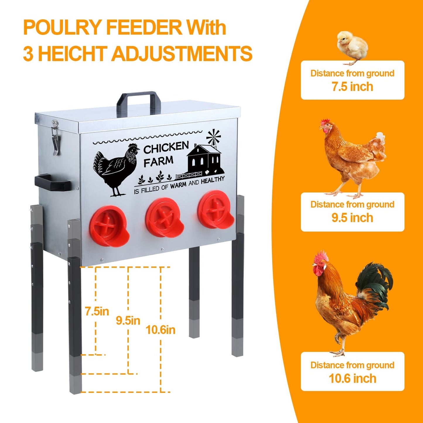 Automatic Chicken Feeder Box 30 lbs, 6 Feeding Ports, No Waste Poultry Feeder with Locking Lid and Adjustable Legs for Chickens, Ducks, Geese Galvanized Metal (30 Lbs-6 Ports)