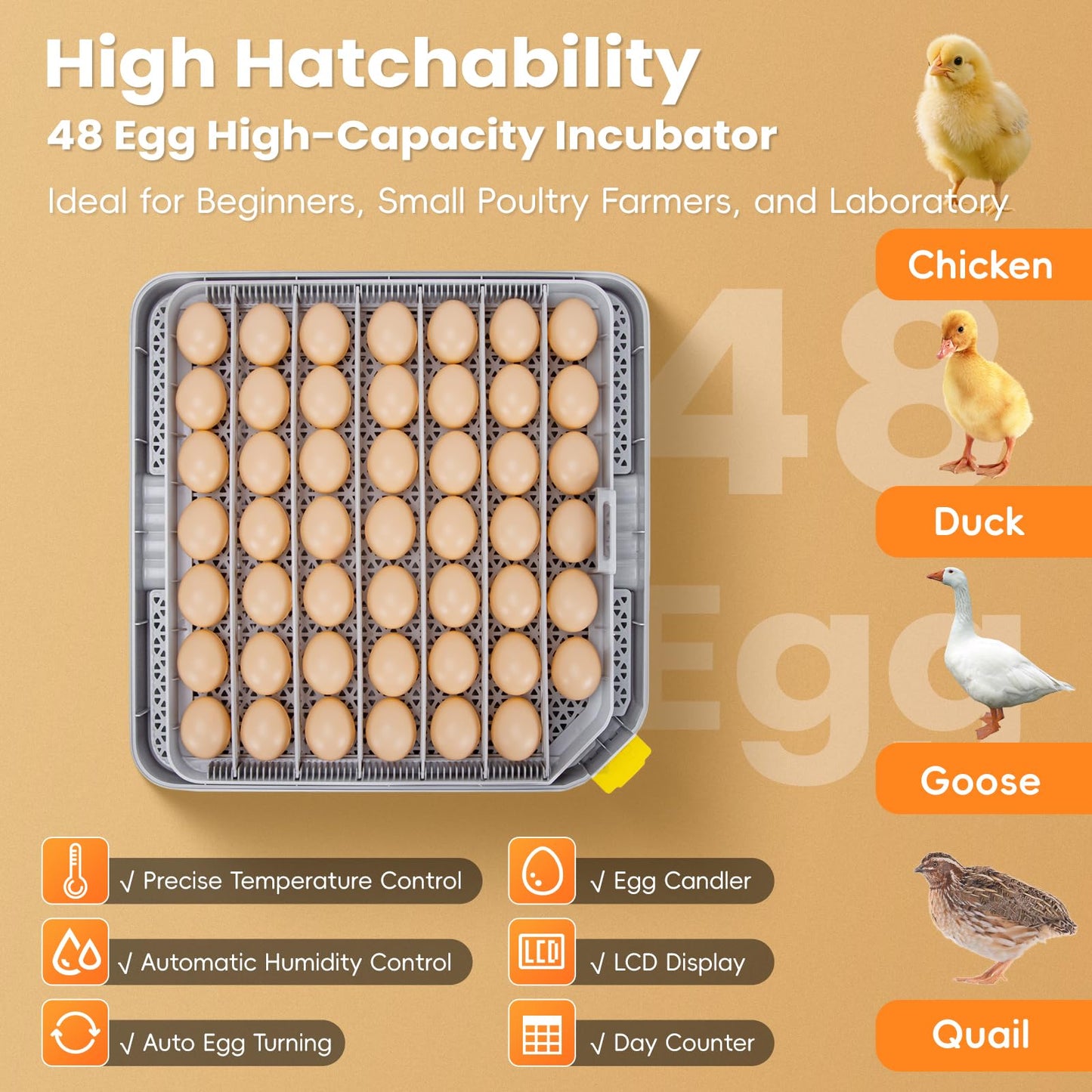 Cheeglu 48 Incubators for Hatching Eggs, Egg Incubator with Automatic Egg Turning and Humidity Control, Temp Control, Egg Candler, Auto Water Refilling, Incubator for Chicken Eggs, Duck and Quail Eggs