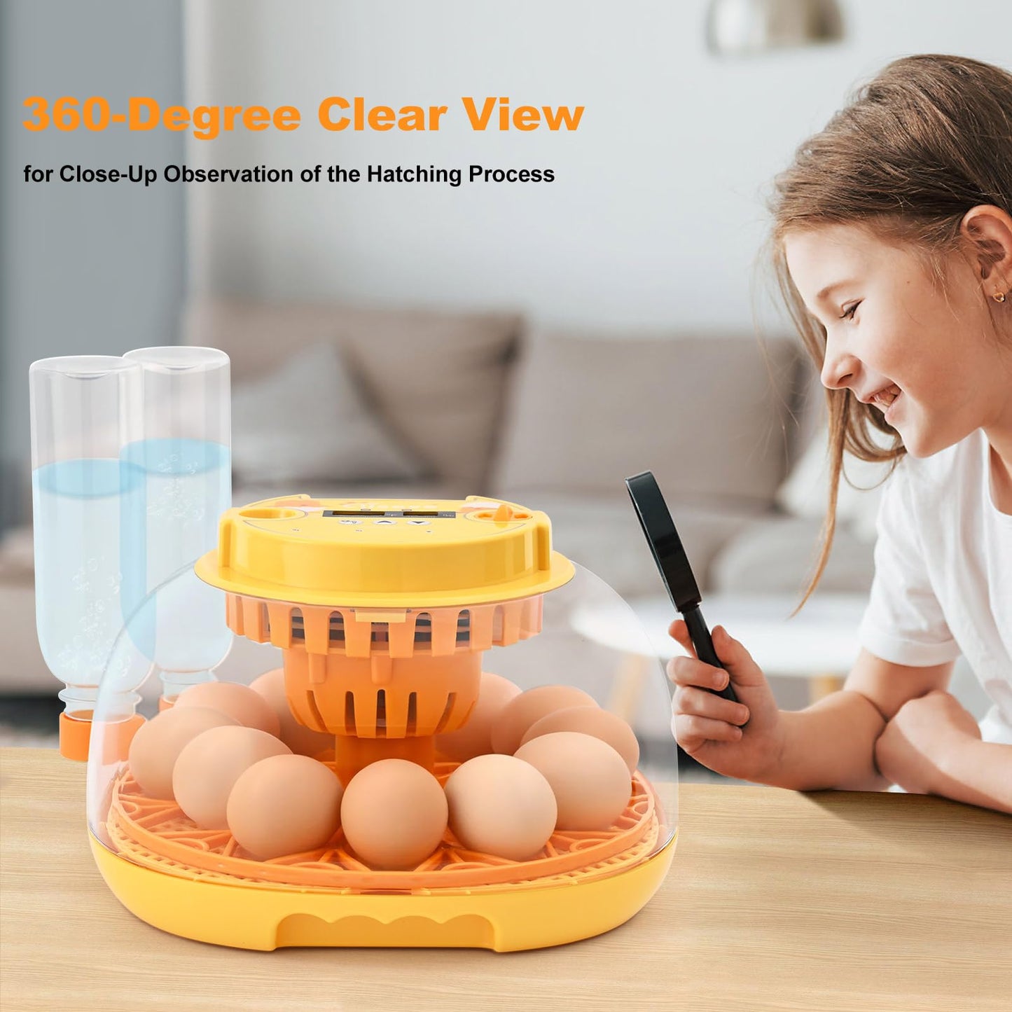 Egg Incubator for Hatching Chicks, Automatic Egg Turner Holds 12 Eggs, Smart Incubator 360° Clear Window with Temperature and Humidity Display Egg Candler for Small Poultry Ducks Quails Eggs