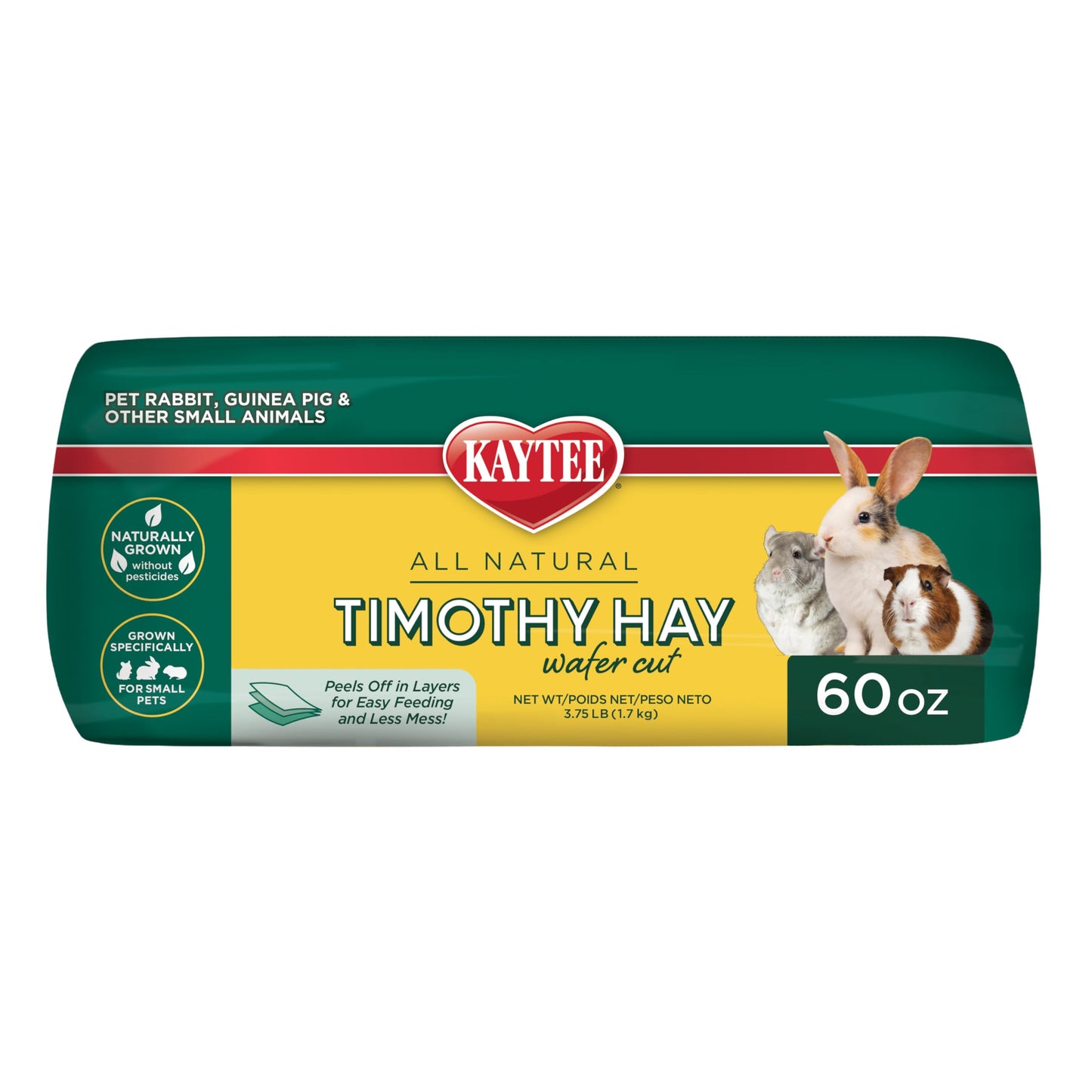 Kaytee Wafer Cut All Natural Timothy Hay for Pet Guinea Pigs, Rabbits & Other Small Animals, 60 Ounce