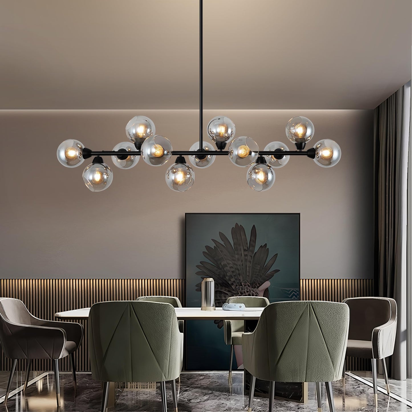 Lzawvm Dining Room Linear Chandelier 13 Lights Sputnik Chandelier Black Kitchen Island Smoky Gray Glass Globe Pendant Light for Living Room Farmhouse Sloped Ceiling, Dia 59 Inch
