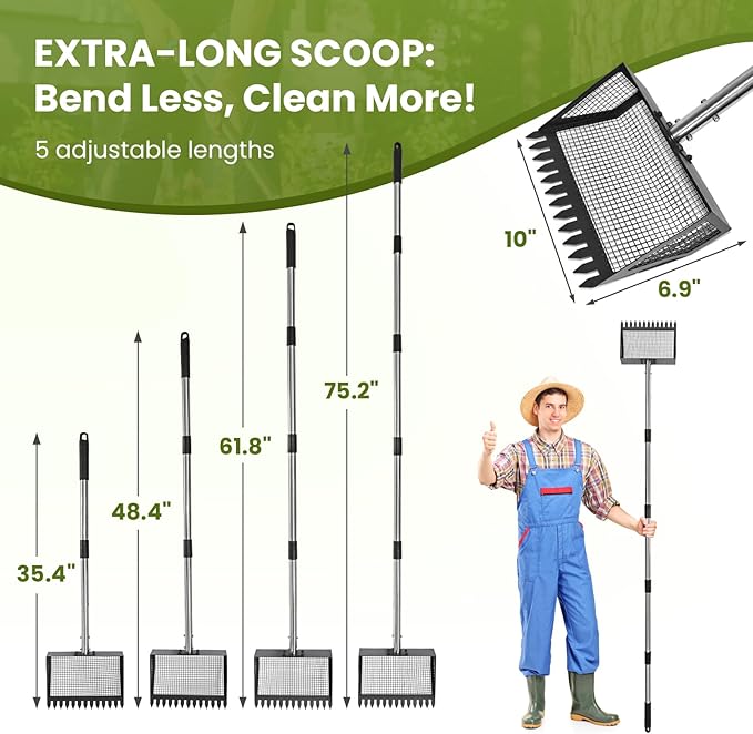 Chicken Poop Scooper for Sand, 75.2" Extra Long Chicken Coop Rake, Stainless Steel Handle Adjustable Coop Accessories 2-in-1 with 10" Large Metal Shovel Head for Poultry Dog Cat Litter