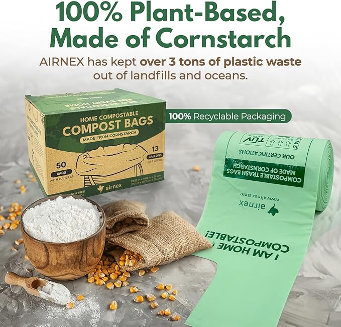 50 Count Compost Bags for Countertop Bin - 13 Gallon Compostable Trash Bags made of Cornstarch - Leakproof & Tear Resistant Biodegradable Trash Bags - OK Compost Home & Seedlings Certified