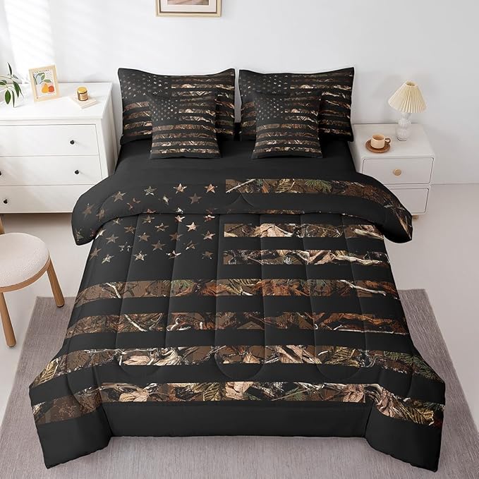 Feelyou American Flag 7 Pieces Bedding Set, King Brown Camouflage Botancial All Season,Bed in a Bag with Comforter, Sheets, Pillowcases Branch Hunting Bed Set Breathable Camouflage Hunter Room Decor