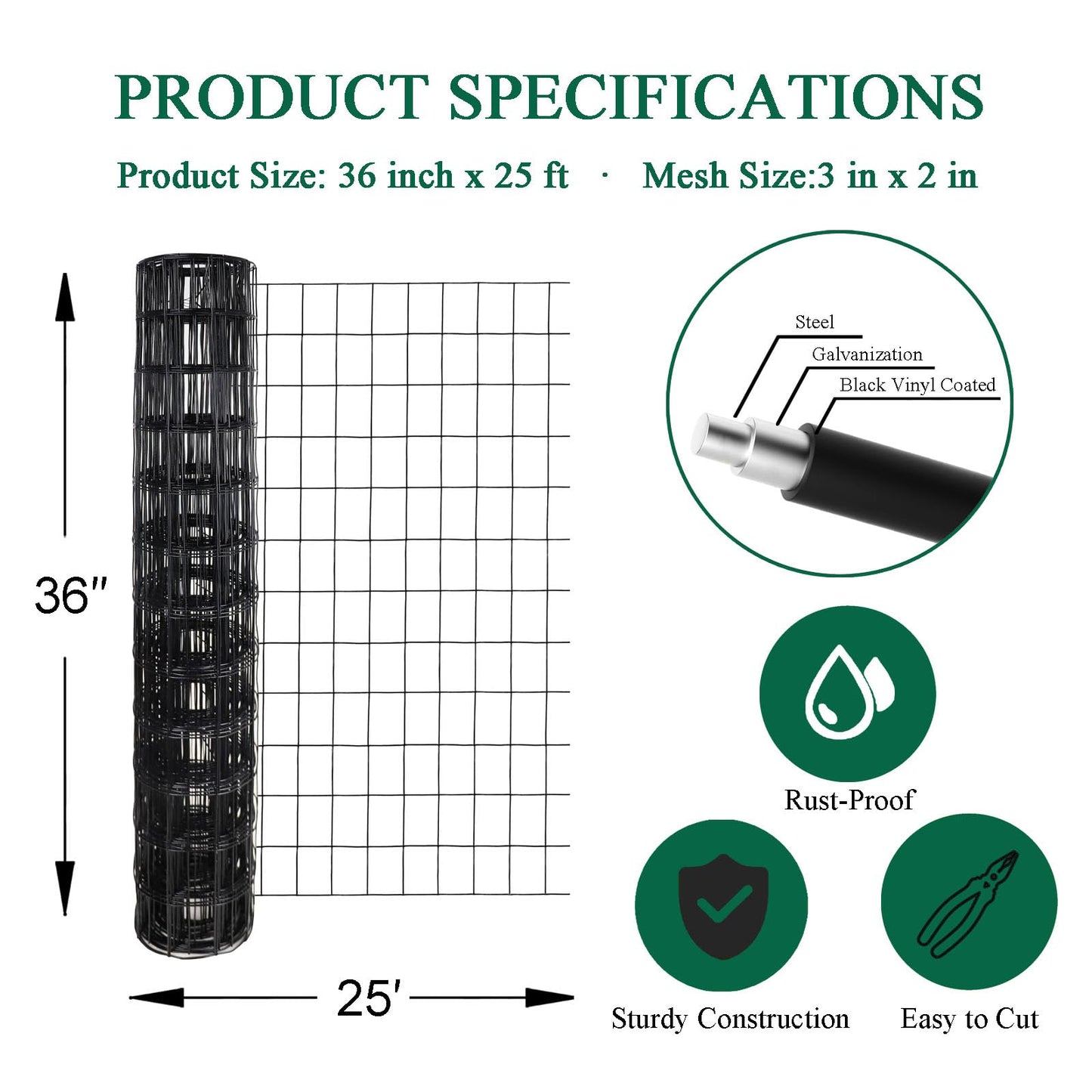 FOREHOGAR Black PVC Coated Welded Wire Fence 36 Inch x 25 Foot, 2 Inch x 3 Inch 16GA, Garden Border Fencing Roll Vinyl Coating Metal Wire Mesh for Yard Vegetable Plant Protection Poultry Netting