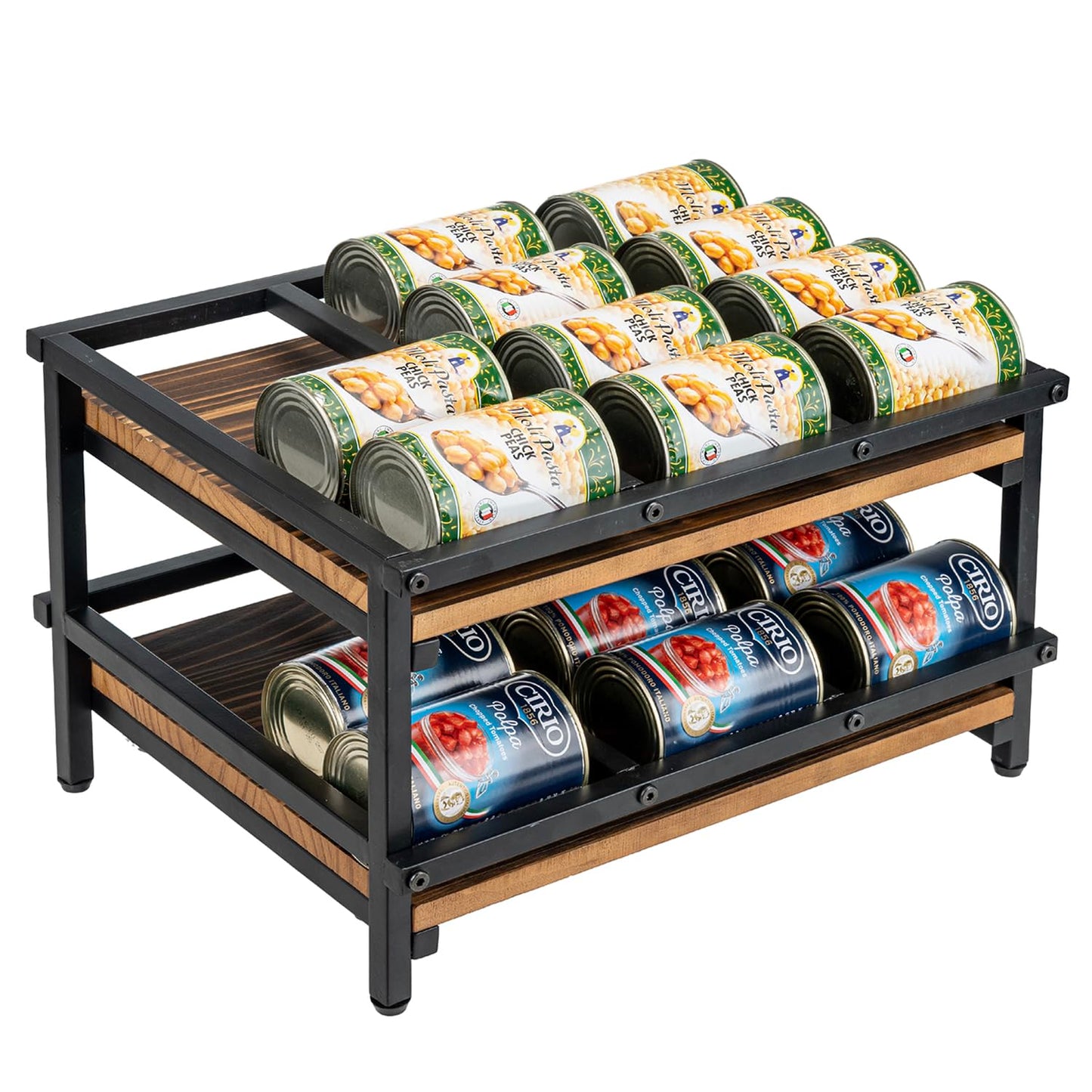 MyGift 2-Tier Canned Goods Organizer for Pantry, Urban Industrial Matte Black Metal and Rustic Burnt Solid Wood Countertop Can Holder Storage Dispenser Rack, Holds 10 to 15 oz Can Sizes