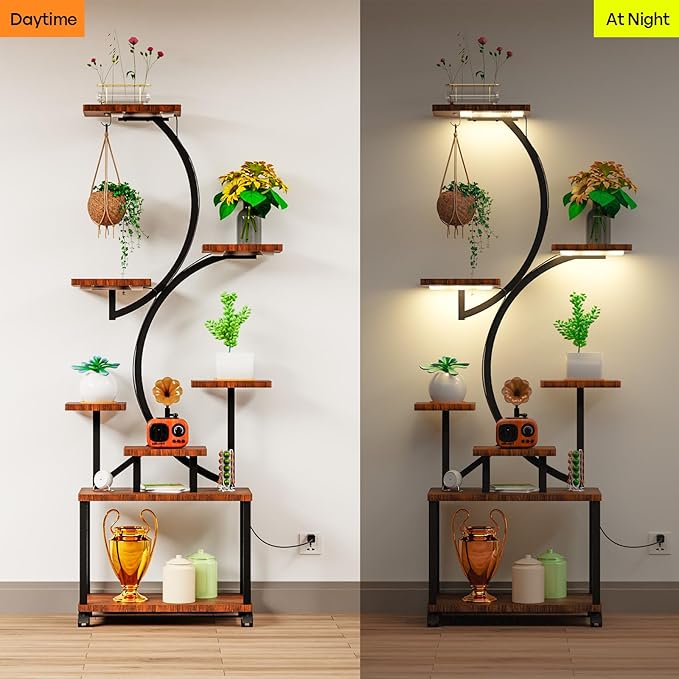 Plant Stand with Grow Light, 61" Grow Light Plant Stand Indoor, 8 Tiered Large Plant Light Stand, Plant Shelf with 4 Wheels, Lighted Decorative S-Shaped Flower Multiple Display Shelves for Home Office