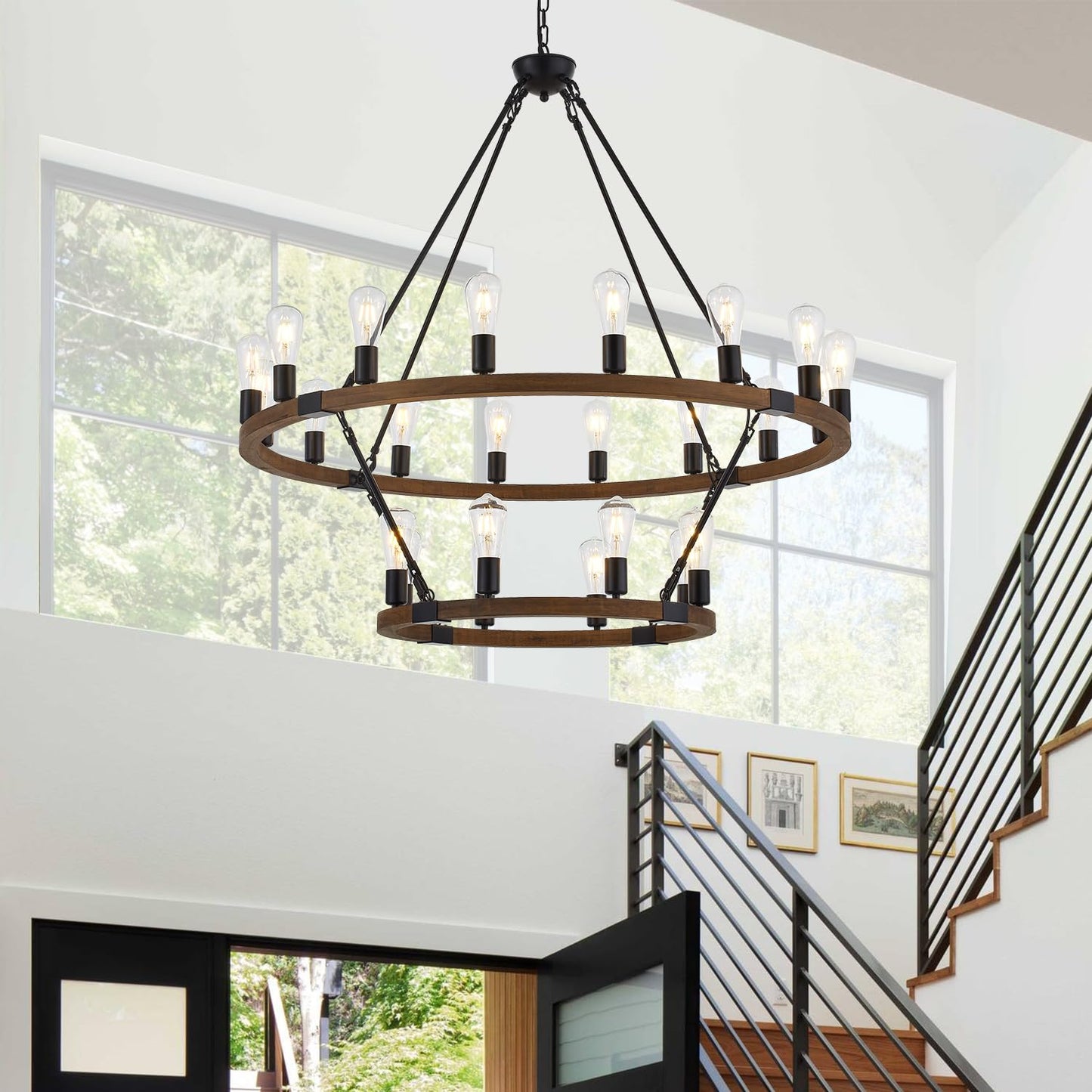brfaixla 2 Tiers Wagon Wheel Chandelier Wooden Farmhouse 24-Light(16+8) 43.34’’ Brown, Black Metal Chandeliers 2-Story Rustic Light Fixtures Industrial for High Ceiling Living Dining Room Foyer