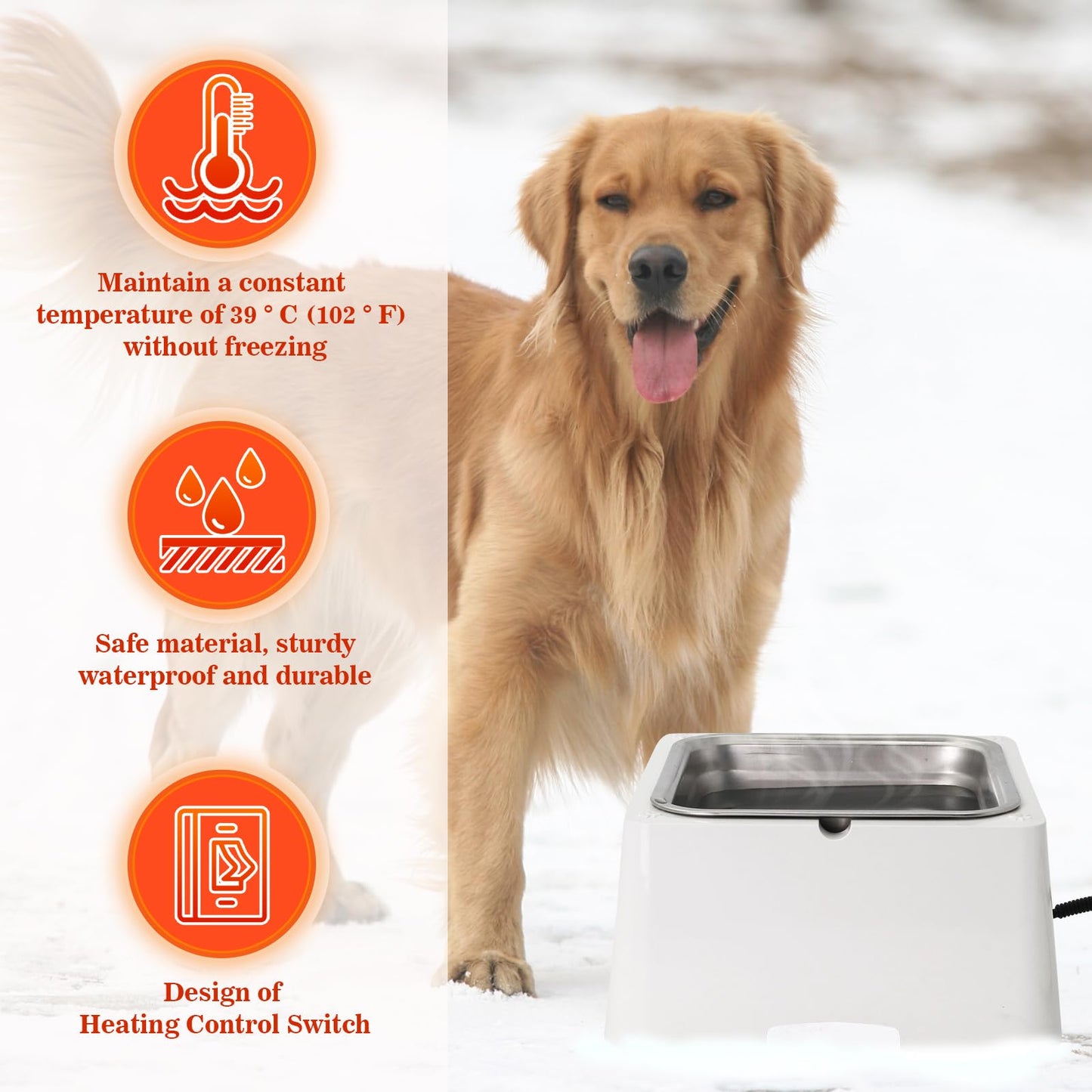 Large Heated Dog Bowl for Outdoor,Winter Waterer Bowl Removable Stainless Automatic Dog Water Bowl,1 Gallon Large Capacity Outside Animal Heated Waterer Bowl for Dog,Cat Rabbit,Chicken,Duck (White)