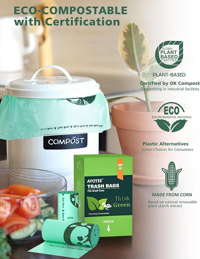 AYOTEE 200 Count 1.2 Gallon Small Biodegradable Trash Bags, Compost Bags for Countertop Bin, 4.5 Liter Mini Trashbags Compostable Trash Bag Small Waste Basket Liners for Bathroom Kitchen Pet