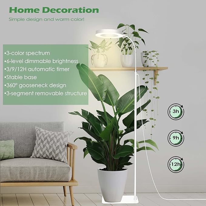 PRONORO Grow Light for Indoor Plants,Full Spectrum LED Grow Light,Standing Grow Light for Large Plants,Auto ON/Off Timer,6 Dimmable Levels,3 Spectrum Lighting Modes,Height Adjustable,20W