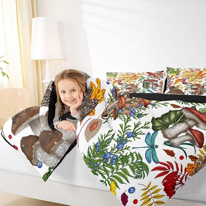 Castle Fairy Mushroom Boys Girls Comforter Set,Rustic Wild Plants Duvet Set for Room Decor,Nature Burgundy Plant Snail Brushed Microfiber Soft Quilt Cover,Full