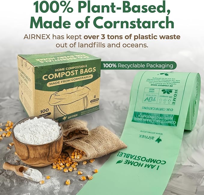 Compost Bags for Countertop Bin -Compostable Trash Bags made of Cornstarch - Leakproof & Tear Resistant Biodegradable Trash Bags - OK Compost Home & Seedlings Certified (8 Gallon, 100 Count)