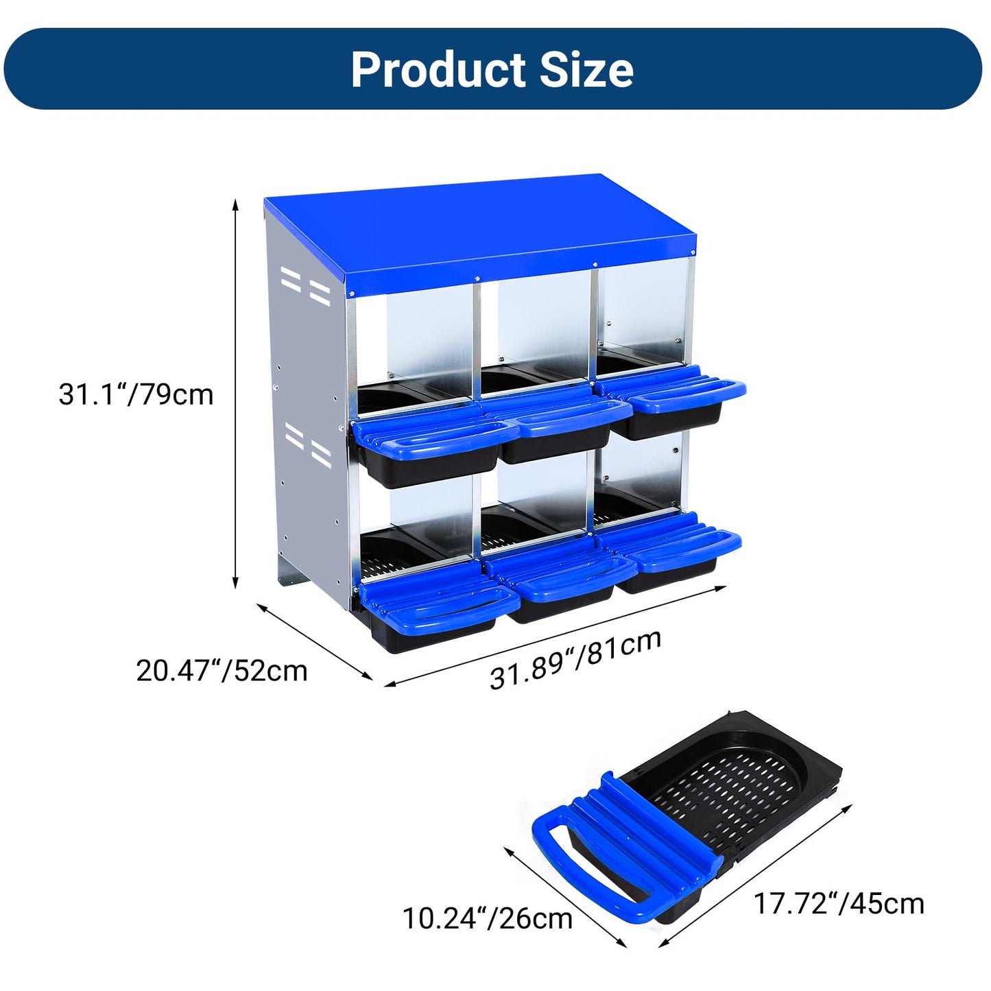 Nesting Boxes for Chickens, 6 Compartments Chicken Nesting Box, Chicken Laying Boxes with Lid Cover, Roll Away Nesting Box for Chickens Laying Egg, Blue