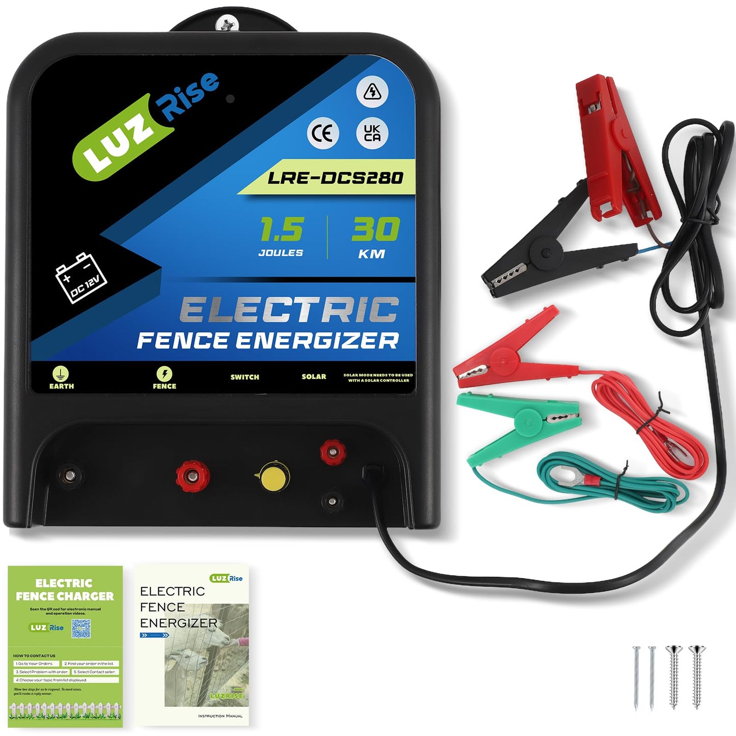 Luzrise 30KM Electric Fence Energizer 2 in 1 Powered by DC Battery or Solar Electric Fence Charger, 1.5 Joules Output with IP65 Waterproof Function for Livestock, Pet, Poultry, Garden (LRE-DCS280)
