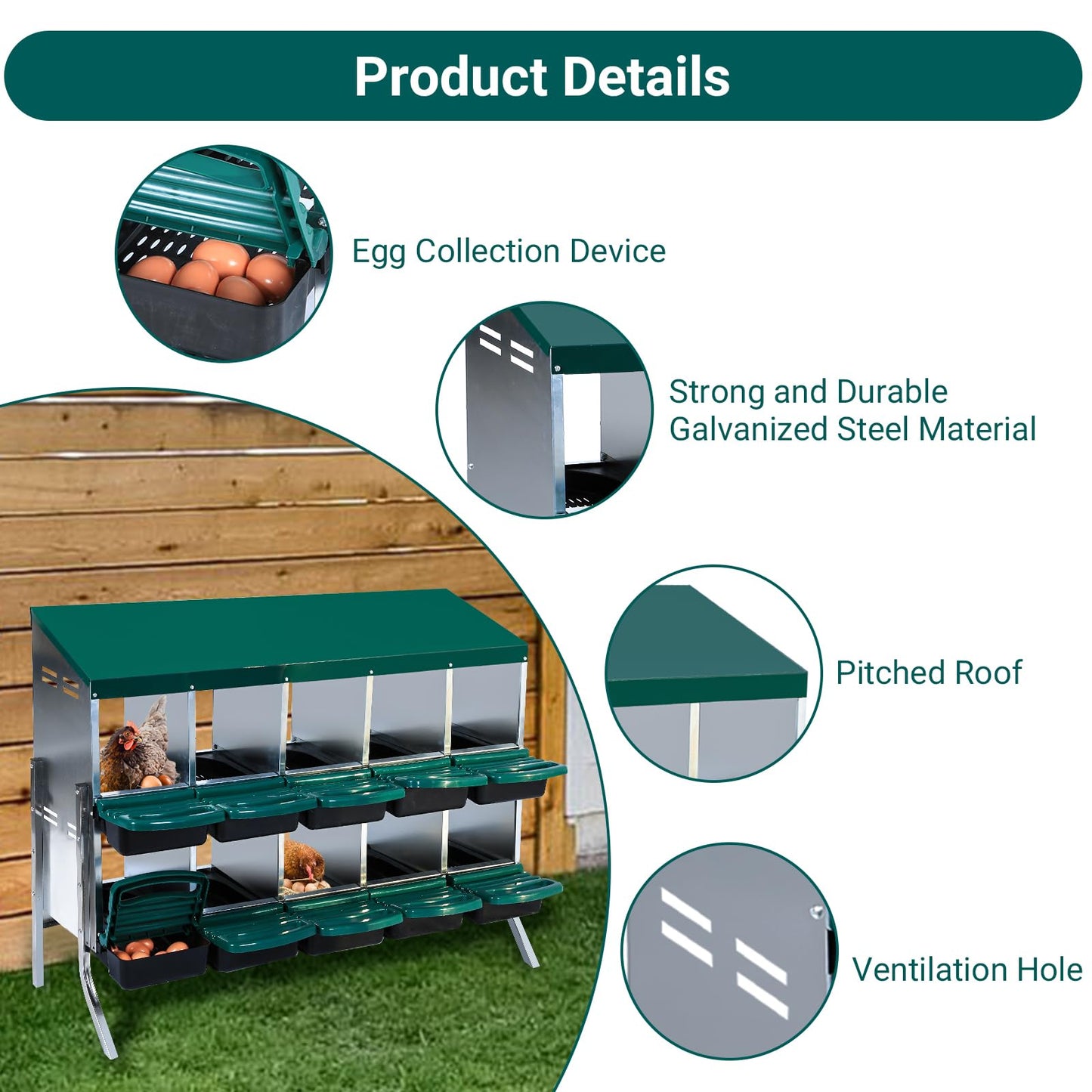 Chicken Nesting Box, 10 Compartments Nesting Boxes for Chickens, Chicken Laying Boxes with Metal Leg, Roll Away Nesting Box for Chickens Laying Egg with Lid Cover to Protect Eggs, Green