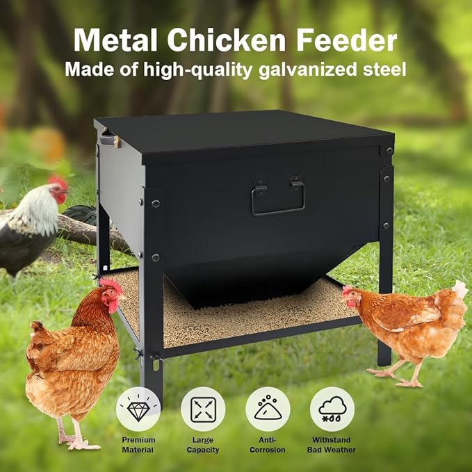 Metal Chicken Feeder No Waste, 60LBS Large Capacity Poultry Feeder, Adjustable Galvanized Steel Chicken Coop Feeder with Lid and Handle