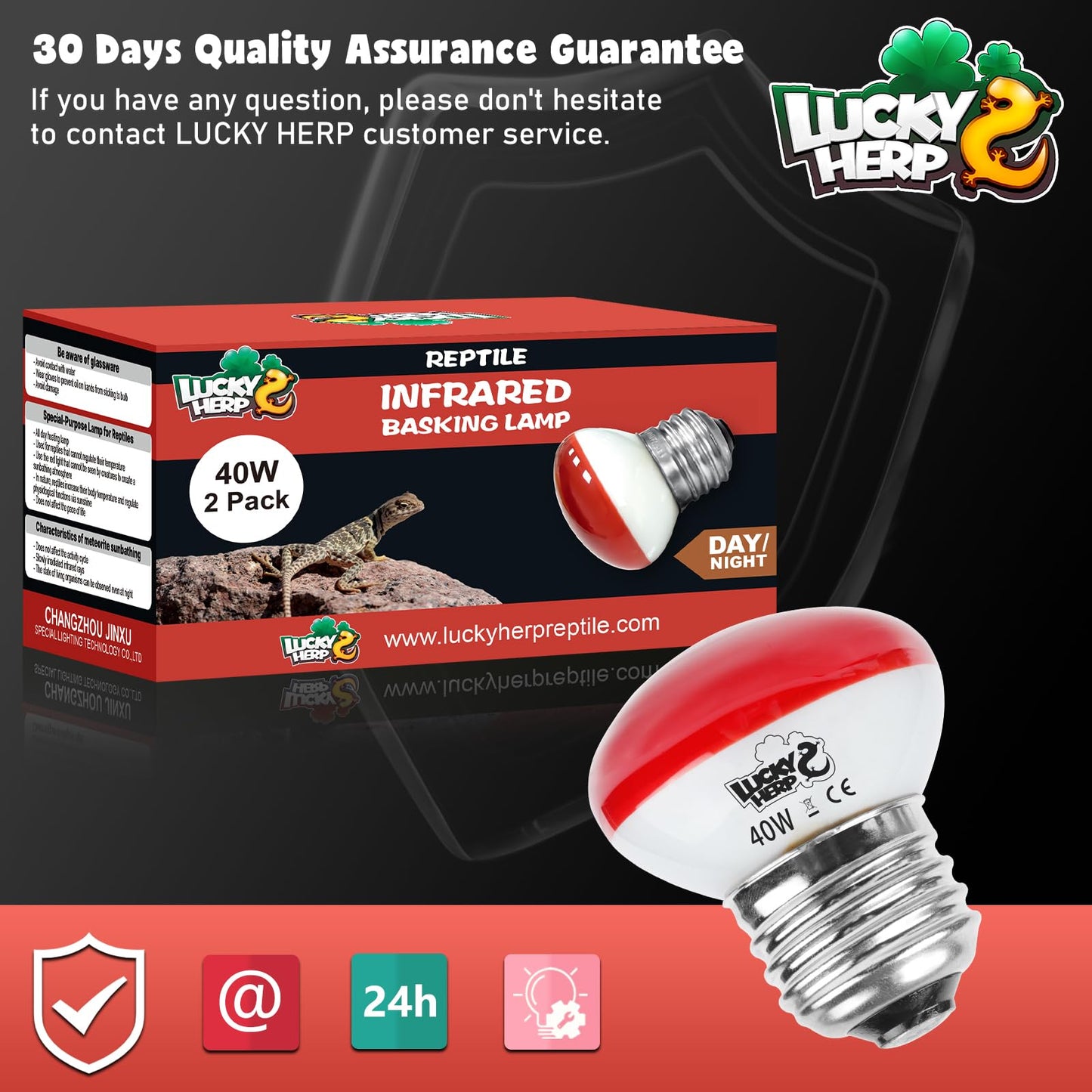 LUCKY HERP Infrared Heat Lamp, 40W Reptile Heat Lamp 2 Pack Red Heat Lamp Bulbs, Infrared Basking Spot Heat Light Bulb, Amphibians Heat Lamp Bulbs for Reptile, Geckos, Snakes, Lizard, Turtle