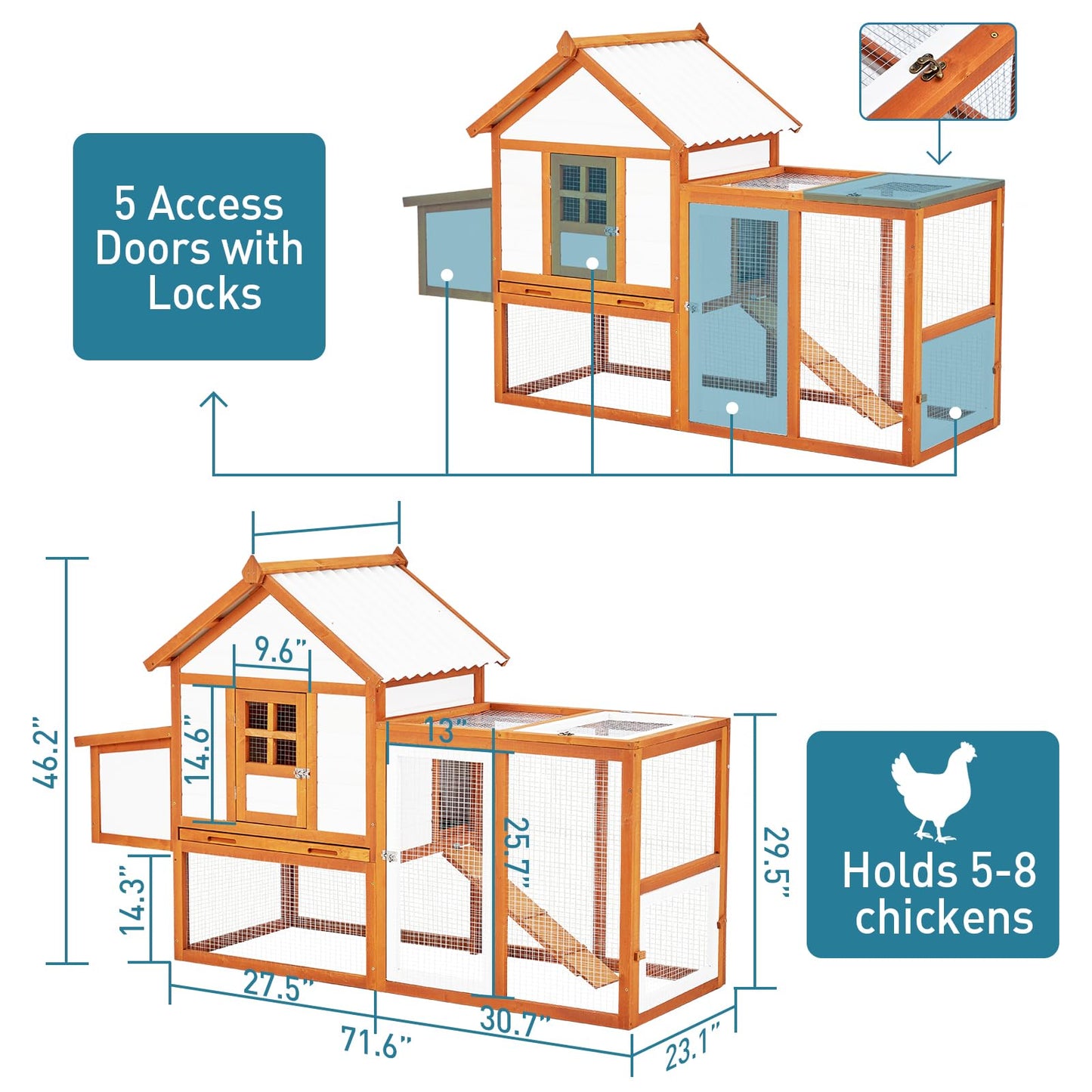Outdoor Chicken Coop Wooden Hen House with Run, Poultry Cage w/Ramps, Nesting Box, 4 Access Areas, Wire Fence, Removable Bottom for Easy Cleaning