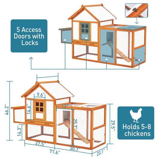 Outdoor Chicken Coop Wooden Hen House with Run, Poultry Cage w/Ramps, Nesting Box, 4 Access Areas, Wire Fence, Removable Bottom for Easy Cleaning
