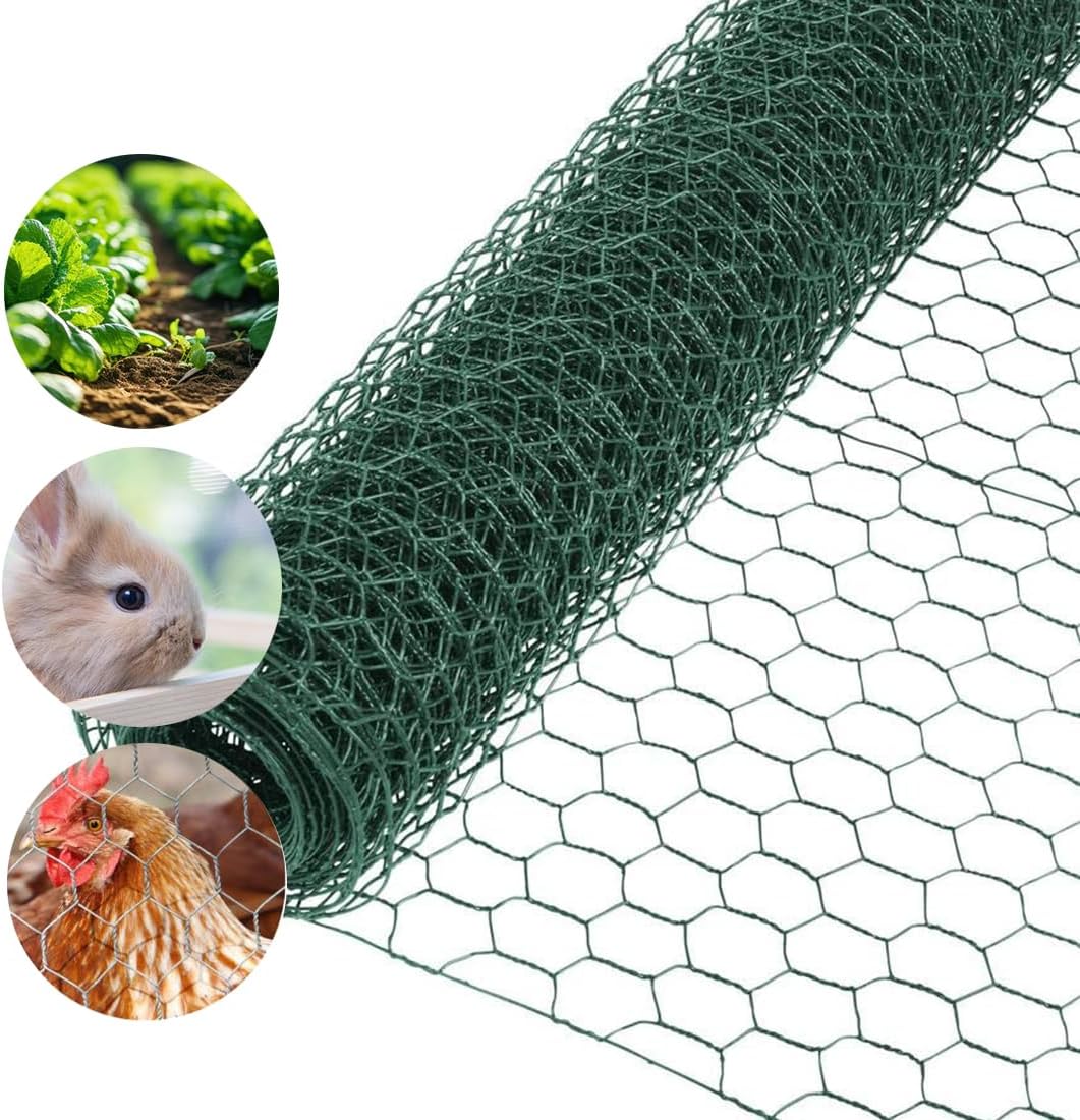 Garden Poultry Green Chicken Wire PVC Coated Hexagonal Wire Mesh Roll Animal Fence 3m x 400mm Garden Netting Fencing for Pet Rabbit Chicken with Gloves & 50Pcs Cable Ties