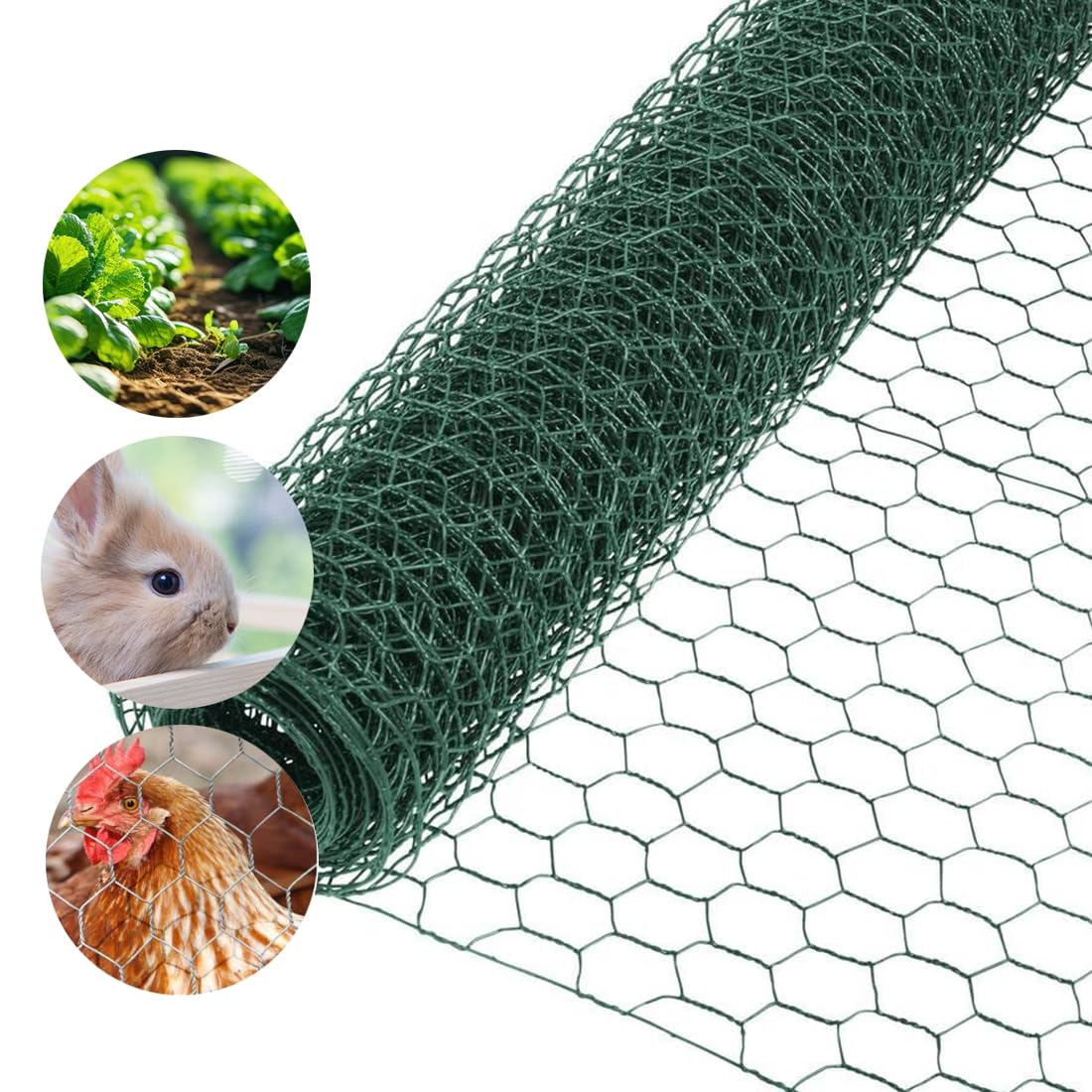 Garden Poultry Green Chicken Wire PVC Coated Hexagonal Wire Mesh Roll Animal Fence 3m x 400mm Garden Netting Fencing for Pet Rabbit Chicken with Gloves & 50Pcs Cable Ties