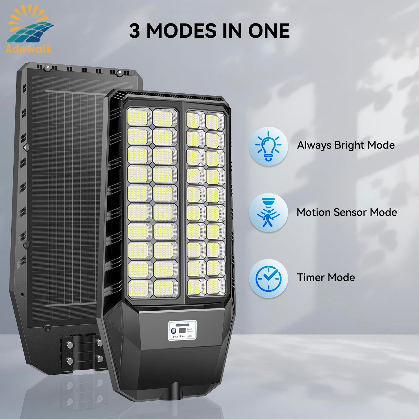 Adewalk 9000W Pro Large Solar Street Lights Outdoor with Thickened Shell, Commercial Grade Street Light Dusk to Dawn, Solar Lights Outdoor with Motion Sensor and Remote Control for Yard, Patio, 2 Pack