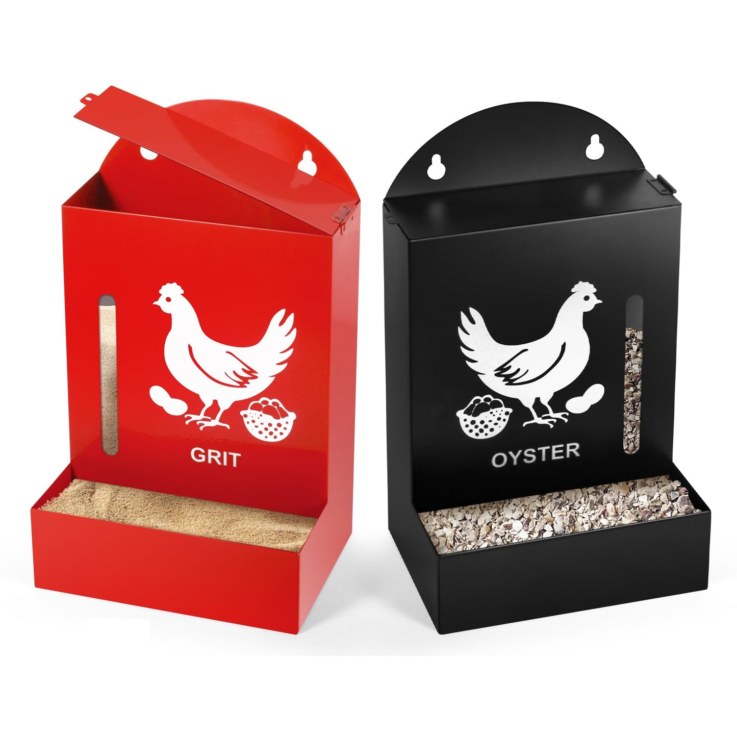Chicken Oyster Shell and Grit Feeder, 2pcs Poultry Feeder Metal Gravity Hanging Chicken Feeders Chick Grit Oyster Shells Coop Accessories