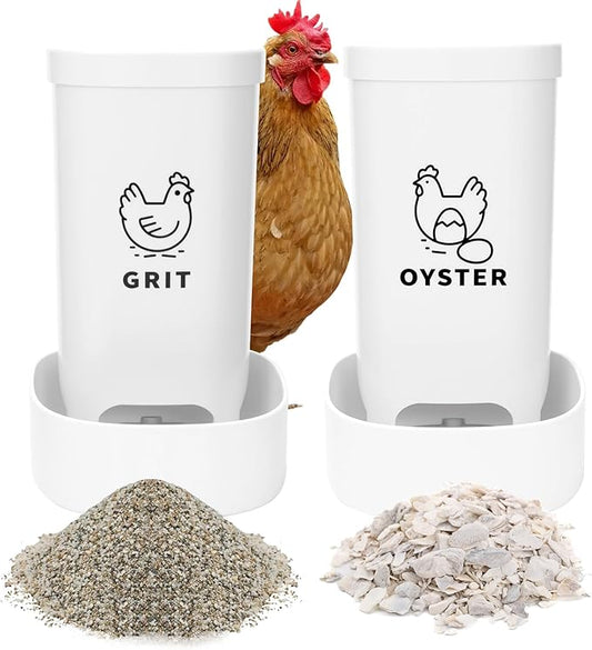 2 Pack Chicken Oyster Shell Feeder and Grit Feeder, Automatic Hanging Chicken Feeder and Chicken Coop Accessories Improve Eggshell Quality and Hen Health