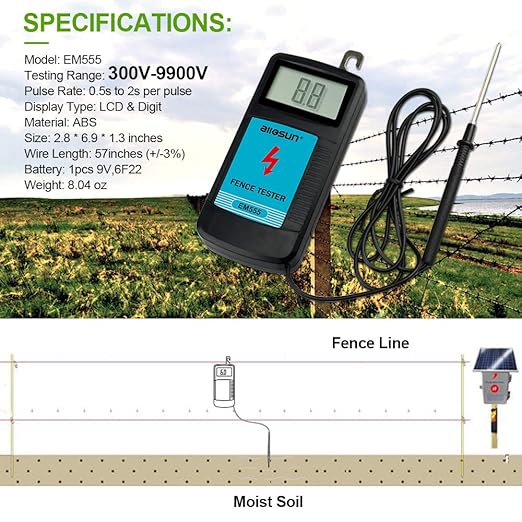 allsun Digital Electric Fence Tester Fault Voltage Meter, Auto On/Off for Pulse Detection 300V-9900V (9.9kV Display) Gardening Tool