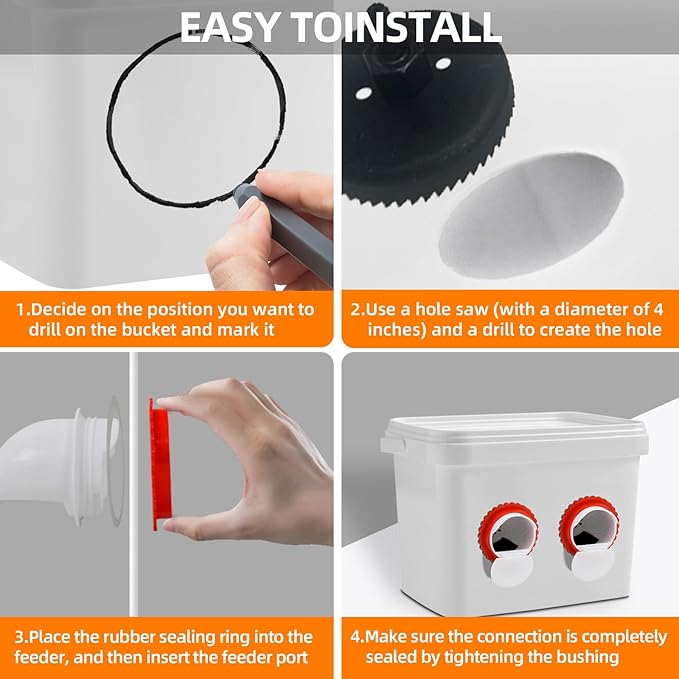 DIY Chicken Poultry Pro Feeder Port No Waste Mess Cups Kit with Covers Gravity Feed Kit Ports 4-1 Hole Saw for Buckets, Barrels, Bins, Troughs