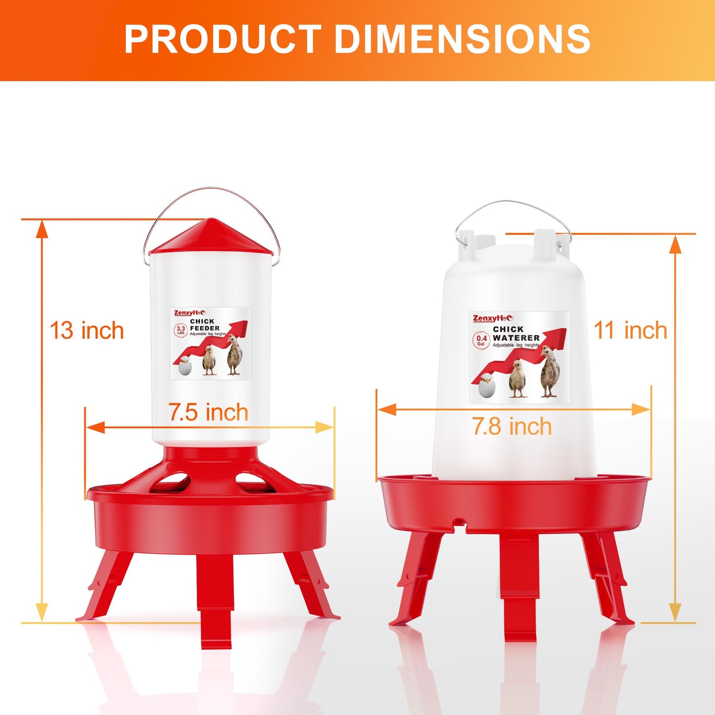 ZenxyHoC Chick Feeder and Waterer Set, Top Fill 0.4 Gal Feeder and 0.4 Gal Waterer with Scoop and 3 Adjustable Heights Legs Red