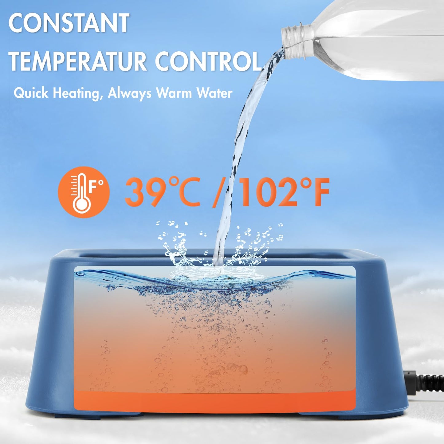 PETSOLON Heated Water Bowl for Dog & Cat, 3 L/ 101 oz Heated Dog Bowl for Winter, Heated Pet Bowl for Indoor/Outdoor, Large Heated Waterer for Pets & Poultry, Constant 39℃/ 102℉, 110V 38W, Blue
