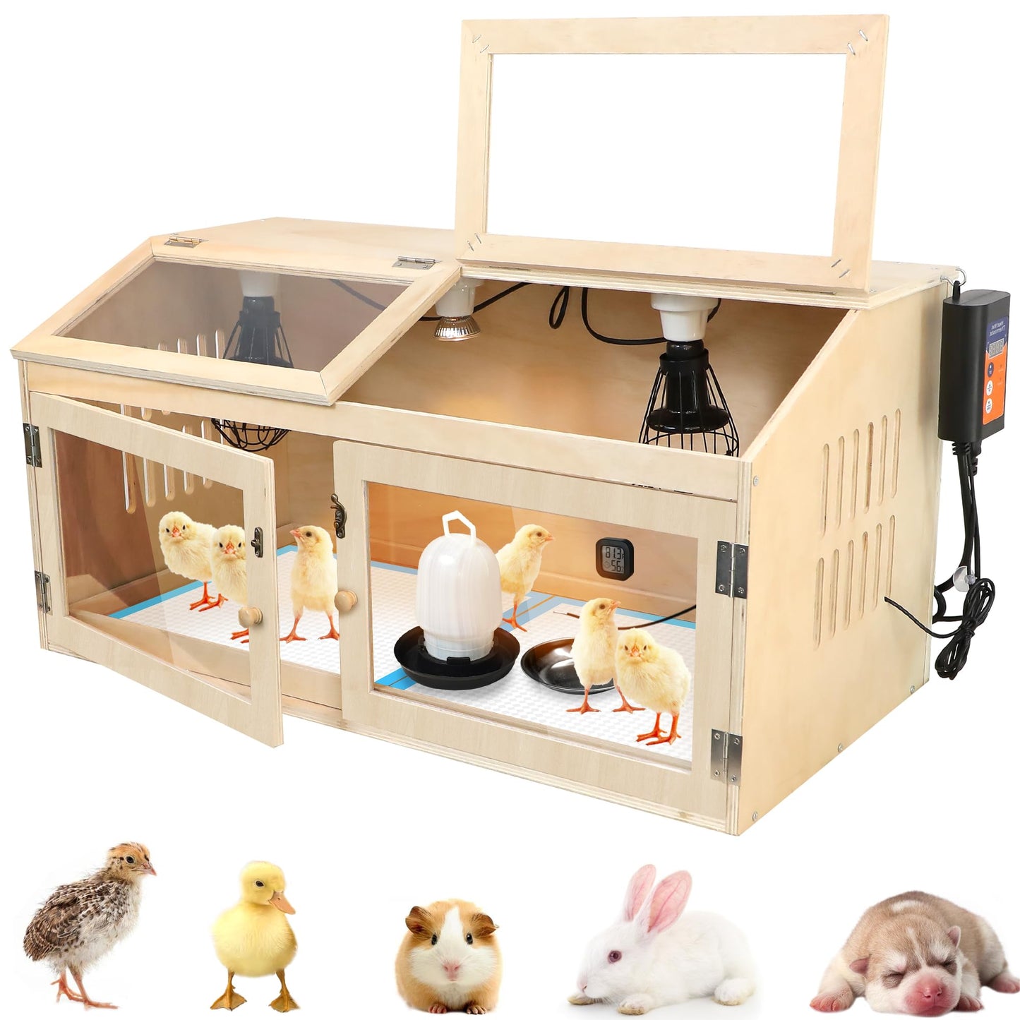 Large Chicken Brooder Box for Chick, Extra Wide 32" Wooden Chick Brooder Box with Intelligent Thermostat, Heating Lamps, Dual Sliding Drawers & Door Handle for Baby Chicks Duck Hamster Indoor Outdoor