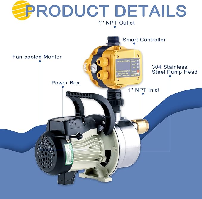 3/4 HP Shallow Well Pump with Smart Controller, 1056GPH, 110V, Stainless Steel Irrigation pump, Automatic Water Pressure Booster Pump for Home, Garden, Lawn, Sprinkler