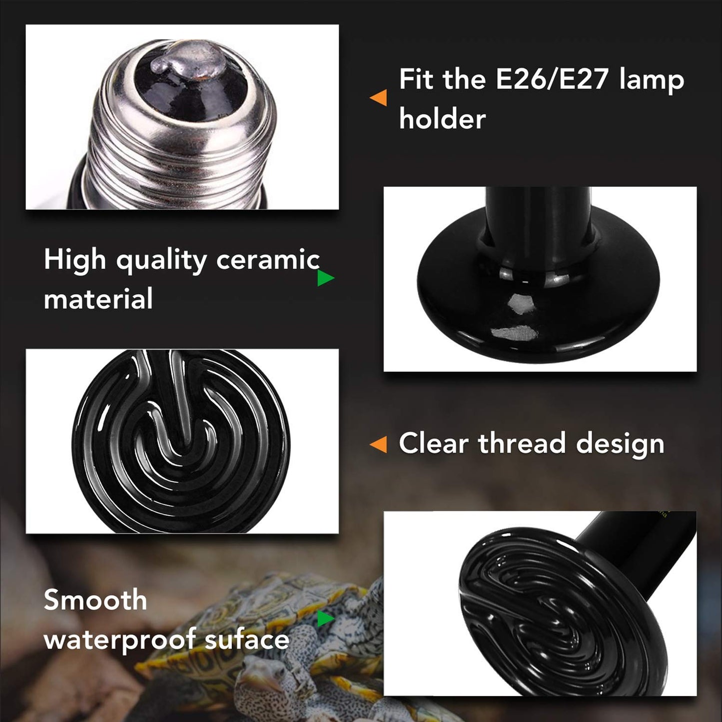 Simple Deluxe 100W 2-Pack Ceramic Reptile Heat Lamp Heat Emitter Bulb No Light Emitting Brooder Coop Heater for Amphibian Pet & Incubating Chicken, Black