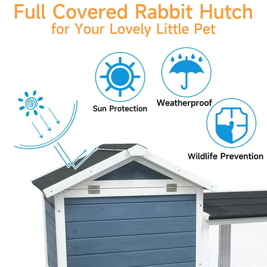 Large Outdoor Rabbit Hutch Weatherproof 2-Story Chicken Coop & Bunny Cage, Wooden Indoor/Outdoor Pet House with No-Leak Tray, Waterproof Roof & Pull-Out Tray (56.8" L x 34.7" H, Grey Blue&White)