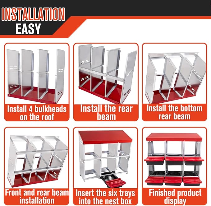 6 Hole Chicken Nesting Box - Heavy Duty Red Metal Roll Away Egg Laying Box for Hens with Perch & Ventilation - Wall Mount Poultry Coop Nest Box with Removable Tray