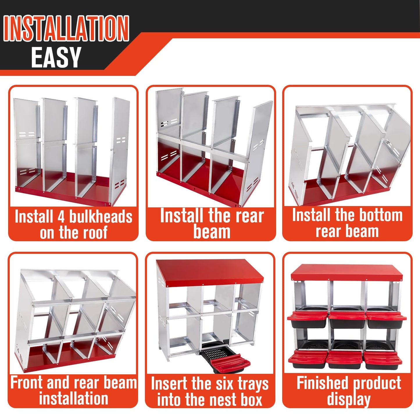 6 Hole Chicken Nesting Box - Heavy Duty Red Metal Roll Away Egg Laying Box for Hens with Perch & Ventilation - Wall Mount Poultry Coop Nest Box with Removable Tray