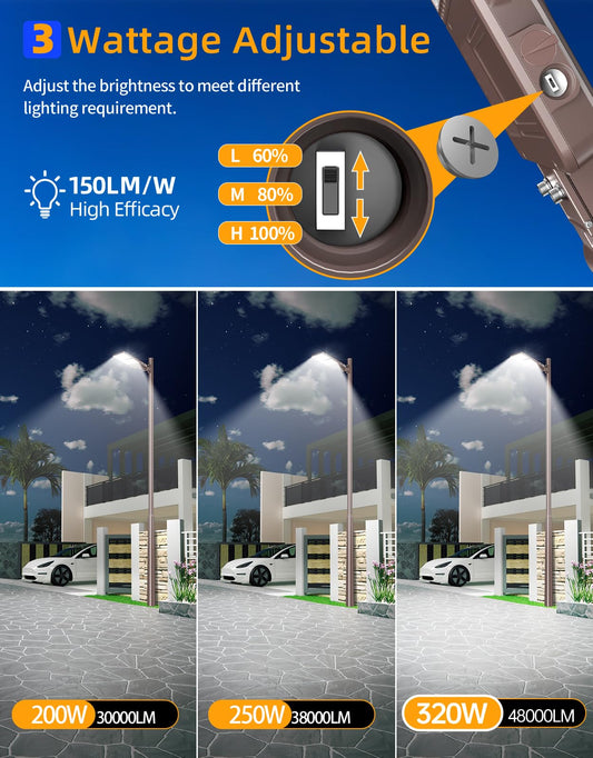 ADUB 320W 250W 200W LED Parking Lot Lights with Photocell, UL Listed, 5000K Slip Fitter Arm Mount