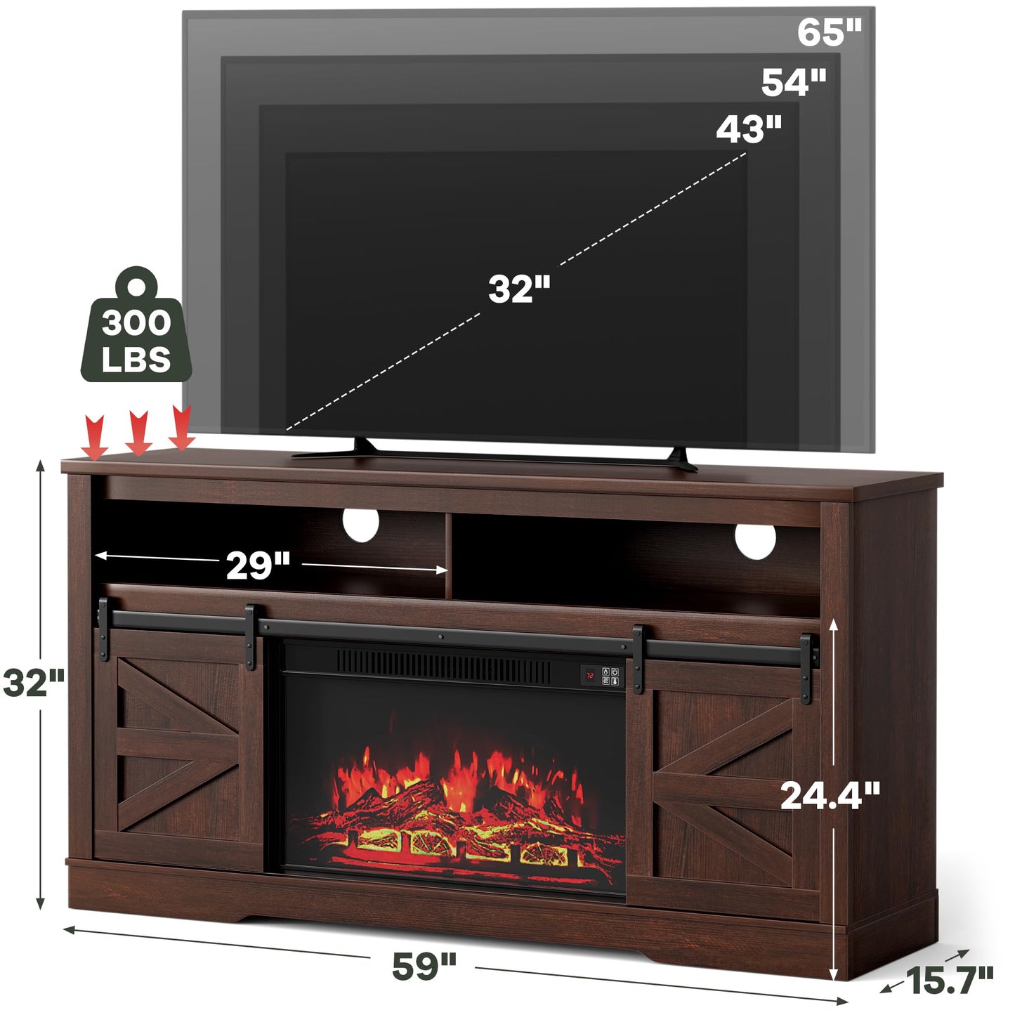 YESHOMY Fireplace TV Stand for Television up to 65+ Inch with Storage and Farmhouse Sliding Barn Doors, Entertainment Center with Cabinet and Shelves, Media Console for Living Room, Dark Brown