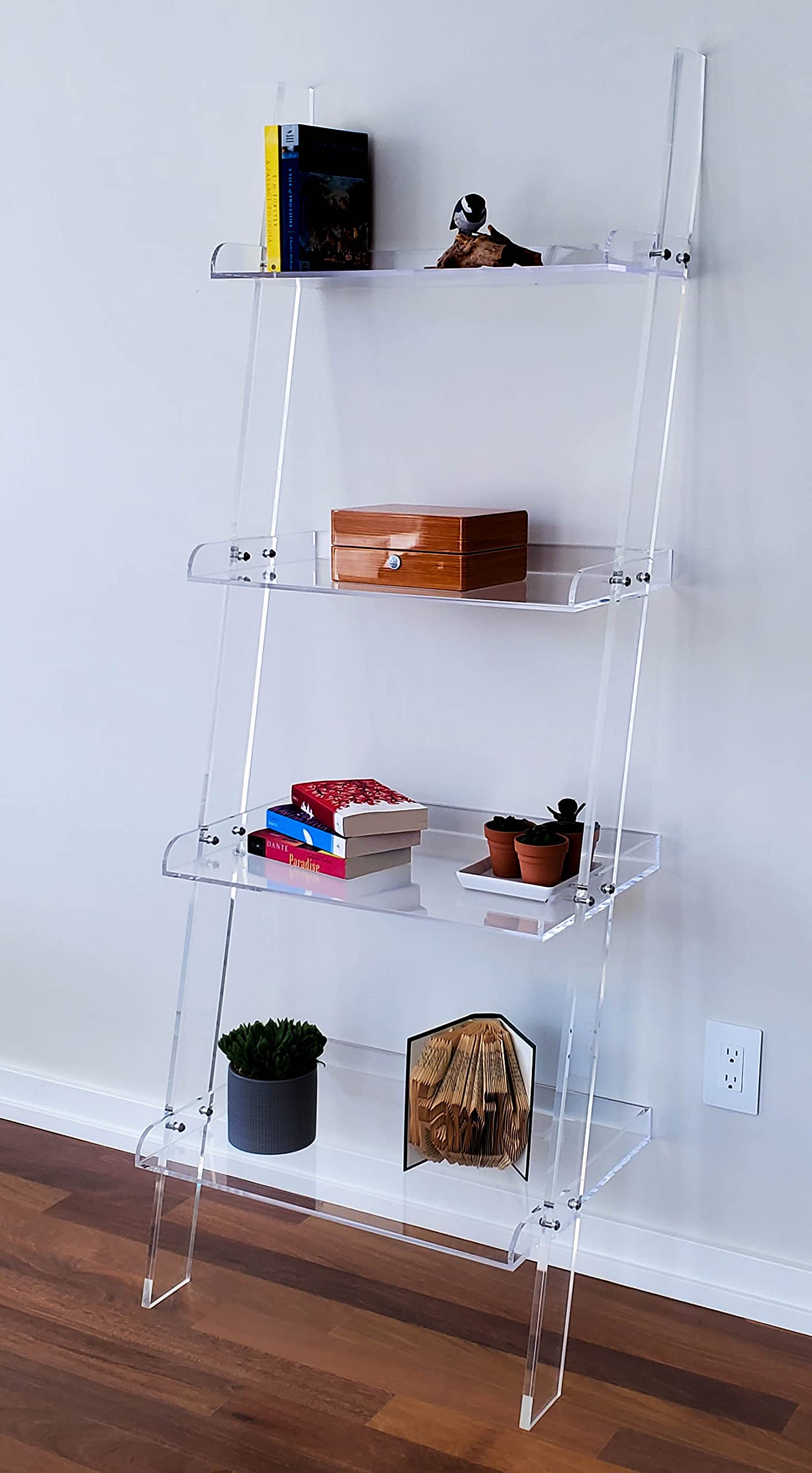 Acrylic Ladder Bookcase Wall Leaning Shelves – Large & Robust Modern Clear Floating Bookshelf - Decor Display for Open Shelving, Organizer, or Storage in the Living Room, Office, Bedroom, or Bathroom
