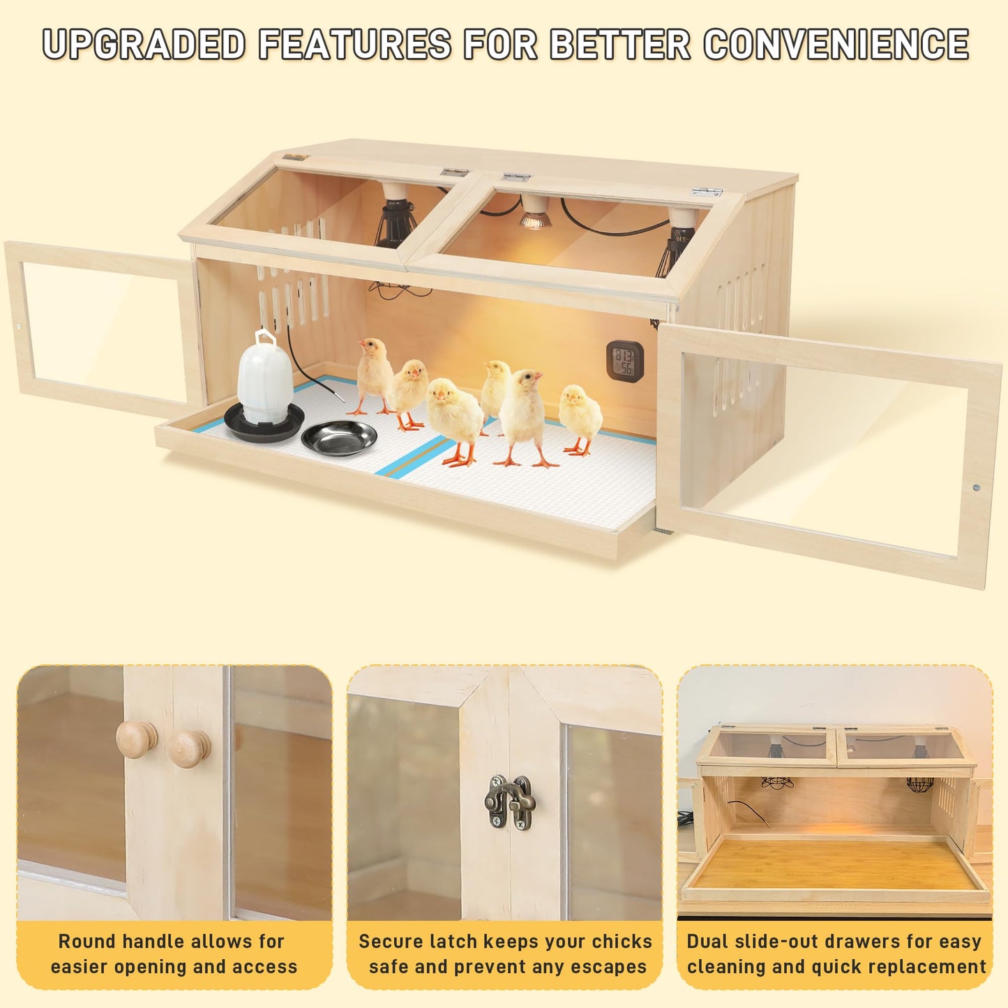 Large Chicken Brooder Box for Chick, Extra Wide 32" Wooden Chick Brooder Box with Intelligent Thermostat, Heating Lamps, Dual Sliding Drawers & Door Handle for Baby Chicks Duck Hamster Indoor Outdoor