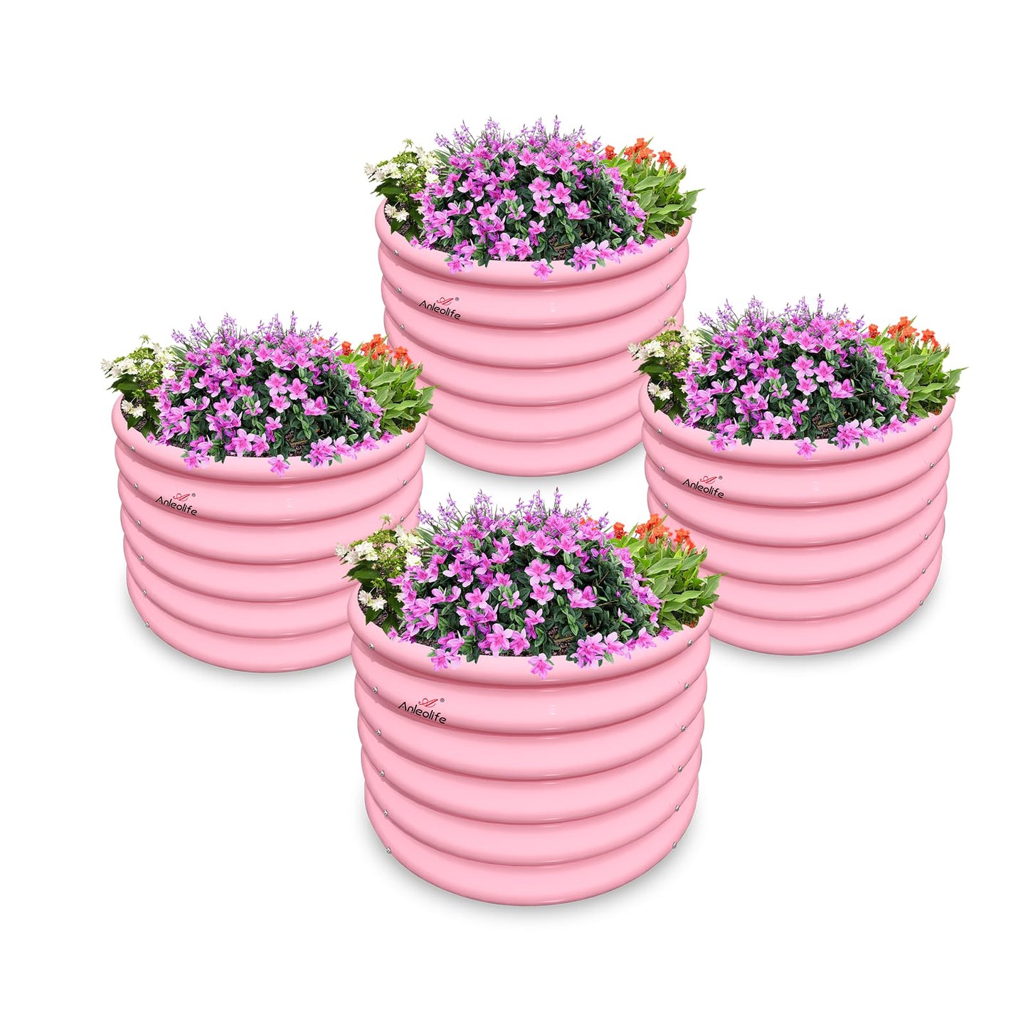 A ANLEOLIFE Kids Raised Garden Beds Outdoor (4-Pack)-24x24x18in Round Galvanized Metal Planter Box for Planting Vegetables, Flowers, Fruits, Eco-Safe & Easy Setup, Blush Pink