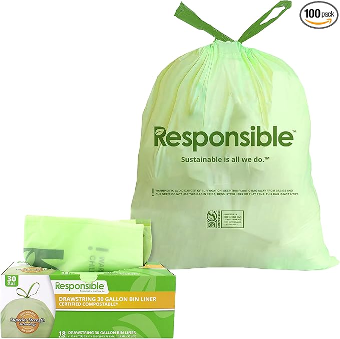 Kitchen Bin Liners, Certified Compostable, Heavy Duty Multipurpose Food Scrap Bags, Made from Compostable Materials (30 Gallon Drawstring, (18 Count))