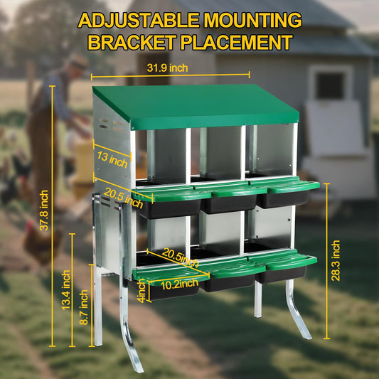 YeeJinHong Two-Tier Chicken Nesting Box,6 Hole Metal Chicken Egg Laying Box with Swing Perch and Rollout Egg Collection Protect Eggs