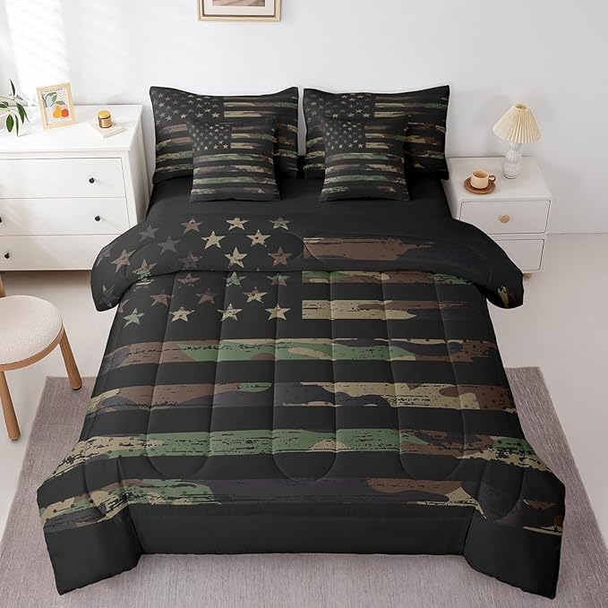 Feelyou American Flag Bedding Bed Set Set Full Size Green Brown Camouflage 7 Pieces Bedding Set, Boys Girls Decor Camo Stripes All Season,Bed in a Bag with Comforter, Sheets, Pillowcases Abstract