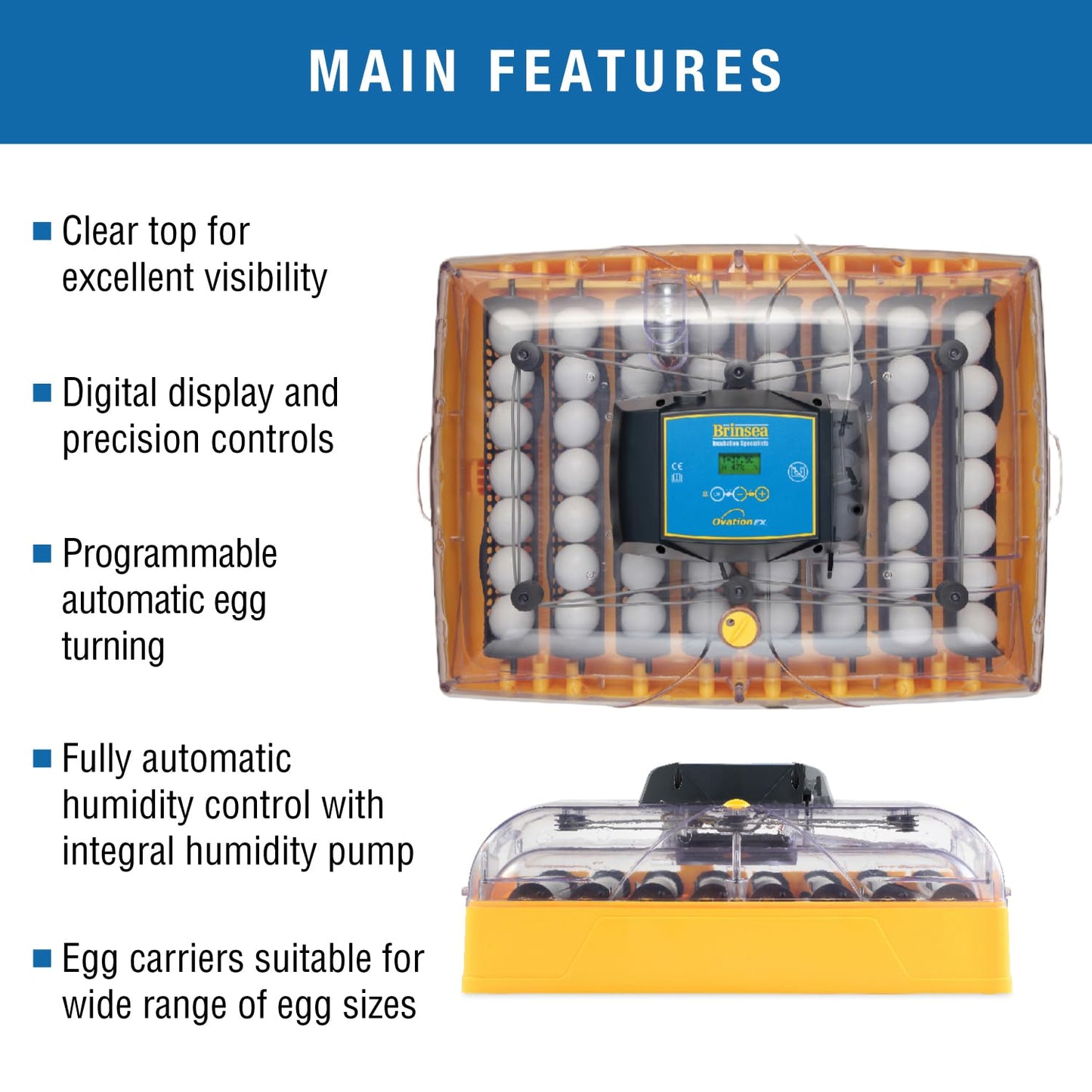 Brinsea Ovation 56 EX Egg Incubator With Automatic Humidity Control and Egg Turning for Hatching 56 Chicken, Duck, Other Bird Eggs, Precision Digital Controls, Temperature Alarms